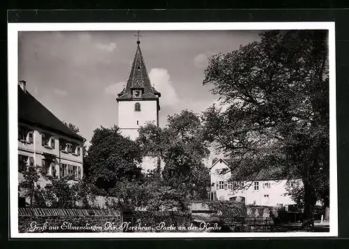 AK Ellmendingen /Pforzheim, Strassenpartie mit Kirche