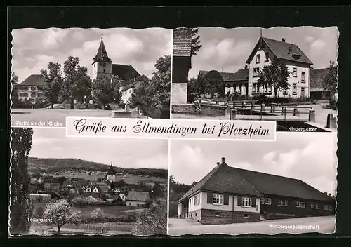 AK Ellmendingen /Pforzheim, Partie an der Kirche, Kindergarten, Teilansicht