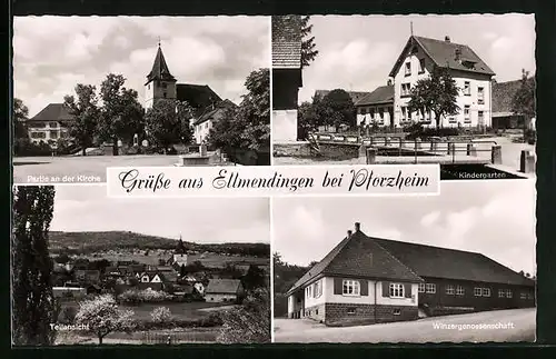 AK Ellmendingen /Pforzheim, Partie an der Kirche, Kindergarten, Teilansicht, Winzergenossenschaft