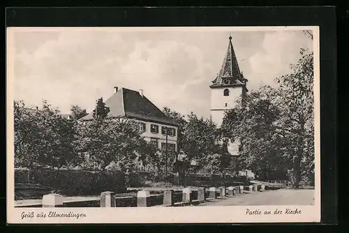 AK Ellmendingen /Pforzheim, Kirche mit Strassenpartie