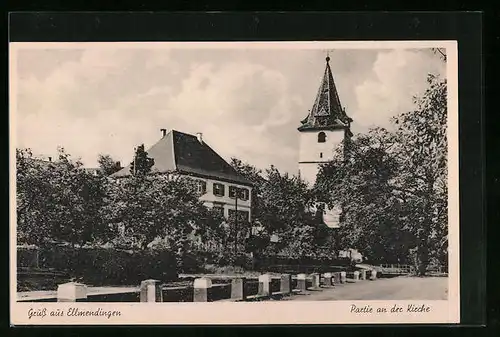 AK Ellmendingen /Pforzheim, Kirchturm mit Strassenpartie