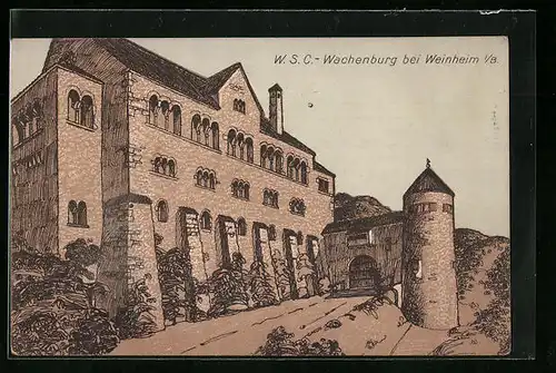 Künstler-AK Weinheim, Wachenburg mit Eingangstor