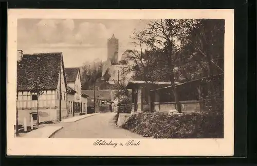 AK Schönburg a. Saale, Strassenpartie mit Burgruine