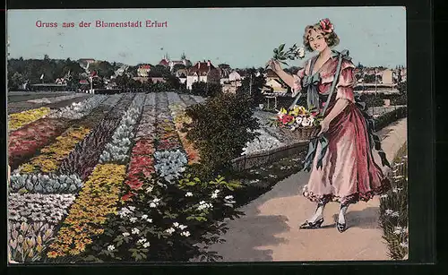 AK Erfurt, Blumenmädchen mit Ortsansicht