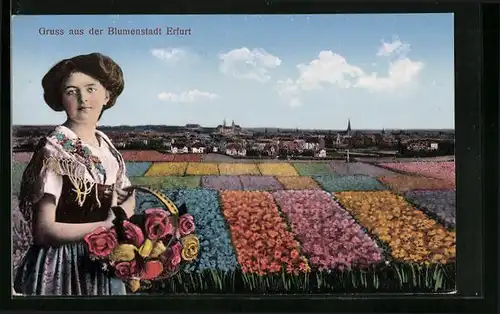 AK Erfurt, Ortsansicht mit Blumenmädchen