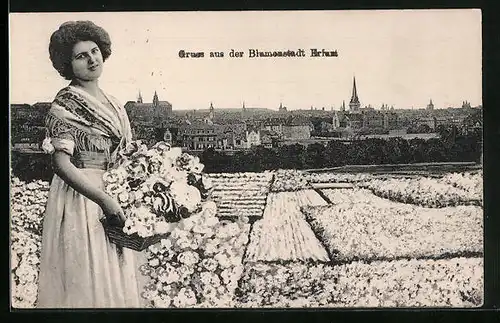 AK Erfurt, Ortsansicht und Frau mit Blumenkorb