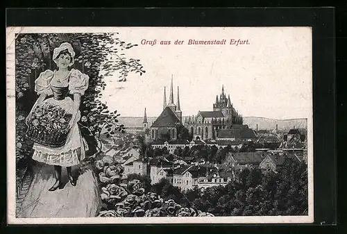 AK Erfurt, Blumenmädchen mit Ortsansicht