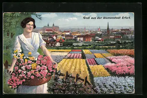 AK Erfurt, Ansicht des Ortes mit Blumenfeldern und Frau mit Blumenkorb