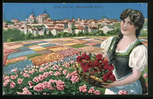 AK Erfurt, Lächelnde Frau mit Blumen mit Ortsansicht