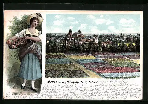 AK Erfurt, Ortsansicht mit Blumenfeldern und Frau mit Blumenkorb