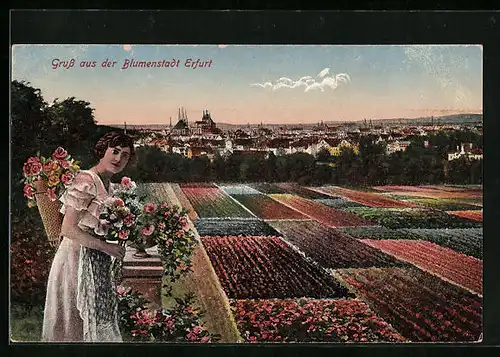 AK Erfurt, Frau mit Blumen neben Blumenfeldern vor der Stadt