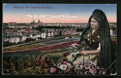 AK Erfurt, Ortsansicht mit Frau in Tracht mit Blumen