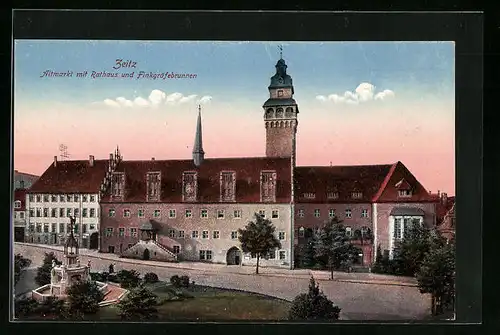 AK Zeitz, Altmarkt mit Rathaus und Brunnen