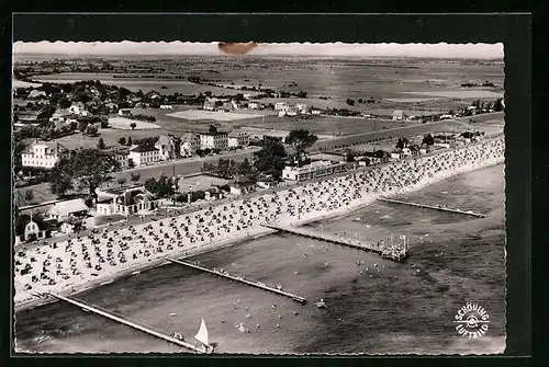 AK Dahme, Ortspartie mit Strand und Badegästen aus der Vogelschau