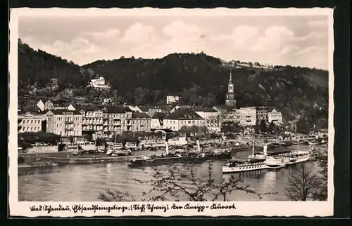 AK Bad Schandau, Stephan`s Elb-Hotel mit Dampfer