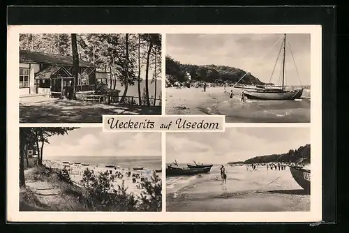 AK Ueckeritz /Usedom, Strandpartie, Gasthaus, Segelboot