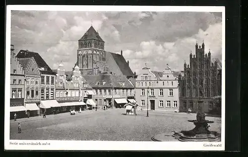 AK Greifswald, Marktplatz mit Sparkasse und Kirche