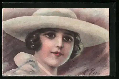AK Dame mit weissem Hut, Art Deco