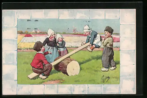 Künstler-AK Karl Feiertag: Holländische Kinder auf Wippe
