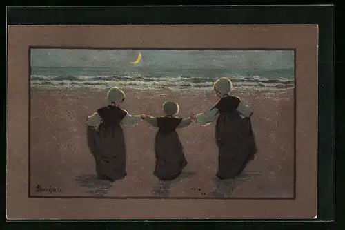 Künstler-AK S. Barham: Kinder nachts am Strand