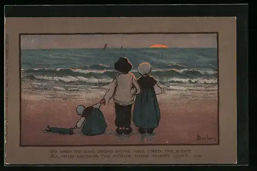 Künstler-AK S. Barham: Kinder bei Sonnenuntergang am Strand