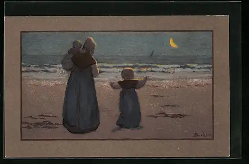 Künstler-AK S. Barham: Mutter mit Kindern nachts am Strand