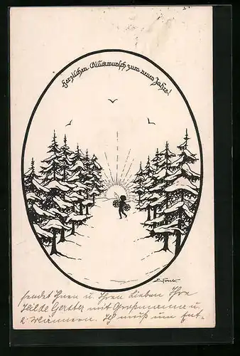 Künstler-AK Elsbeth Forck: Schattenbild einer Elfe im verschneiten Wald