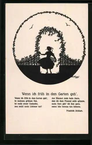 Künstler-AK Elsbeth Forck: Schattenbild Wenn ich früh in den Garten geh` mit Gedicht