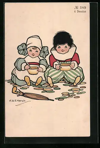 Künstler-AK H. G. C. Marsh-Lambert: Kinder mit Regenschirm beim Essen