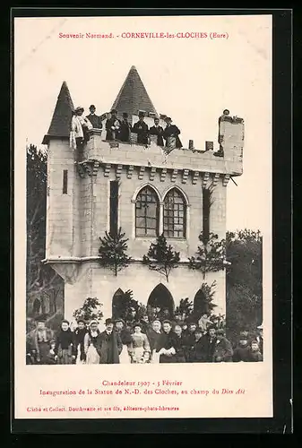 AK Corneville-les-Cloches, Chandeleur 1907, Inauguration de la Statue de N.-D. des Cloches au champ du Diex Aie