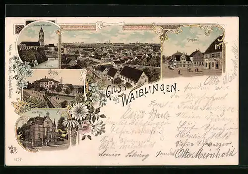 Lithographie Waiblingen, Bahnhof, Villa Hess, Postplatz