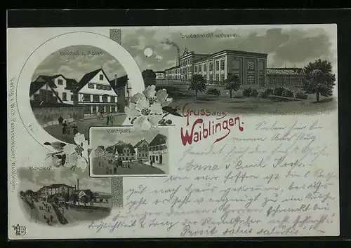 Mondschein-Lithographie Waiblingen, Gasthof zum Adler, Bahnhof, Seidenstoffweberei