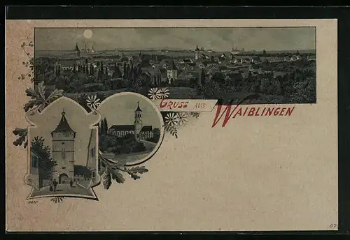 Mondschein-Lithographie Waiblingen, Kirche, Torturm, Ortsansicht