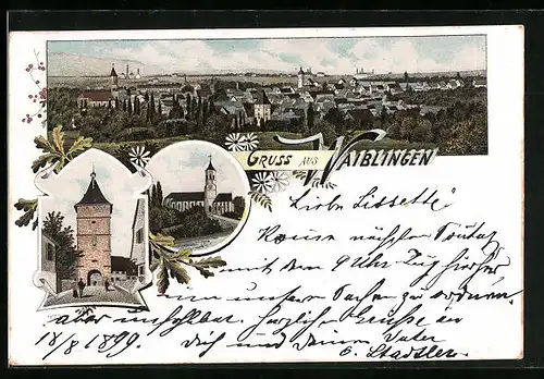 Lithographie Waiblingen, Blick zur Kirche, Torturm, Ortsansicht