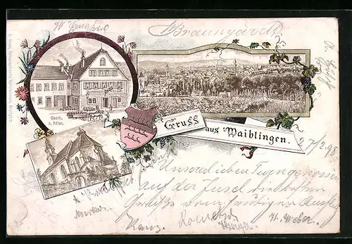 Lithographie Waiblingen, Gasthaus zum Adler, Kirche