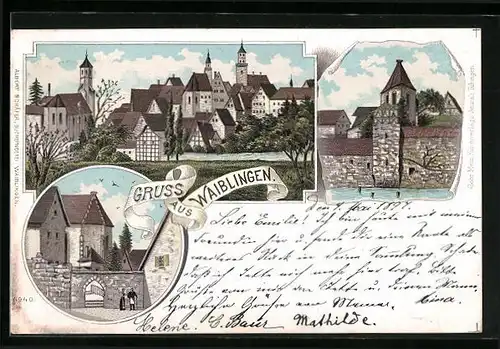 Lithographie Waiblingen, an der Stadtmauer, Teilansicht mit Kirchen