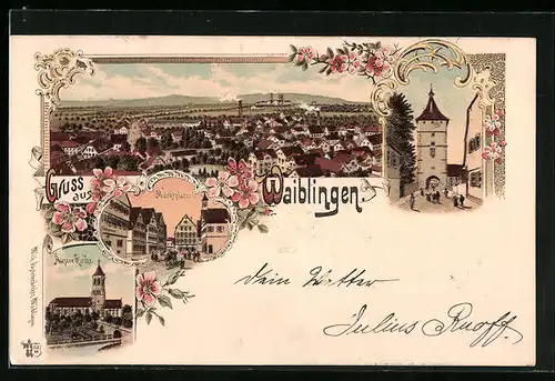 Lithographie Waiblingen, Marktplatz, Äussere Kirche, Torturm