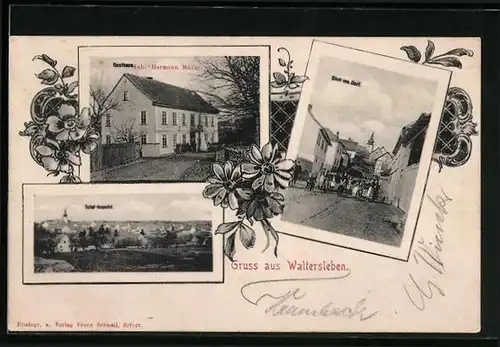 AK Waltersleben, Gasthaus Hermann Müller, Strassenpartie im Dorf