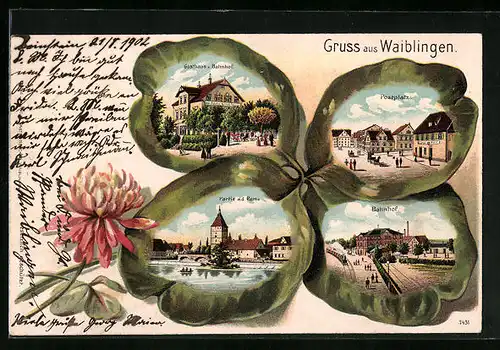 Passepartout-Lithographie Waiblingen, Gasthaus zum Bahnhof, Postplatz, Bahnhof, Kleeblatt