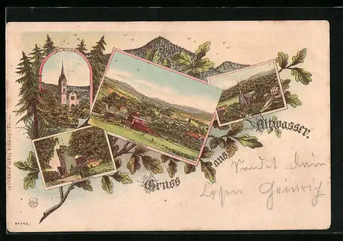 Lithographie Altwasser, Kath. Kirche, Wilhelmshöhe, Ortsansicht