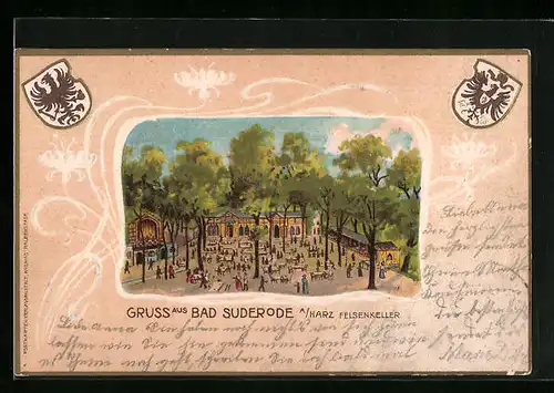 Passepartout-Lithographie Bad Suderode a. Harz, Gasthaus Felsenkeller, Wappen