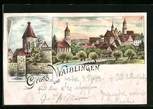 Lithographie Waiblingen, Teilansicht, Ortspartie