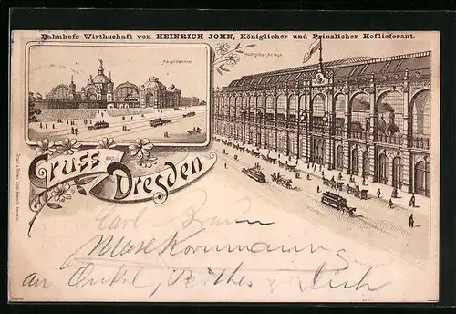 Lithographie Dresden, Bahnhofs-Wirtschaft von Heinrich John, Hauptbahnhof mit Pferdebahn, Hochgleis-Anlage