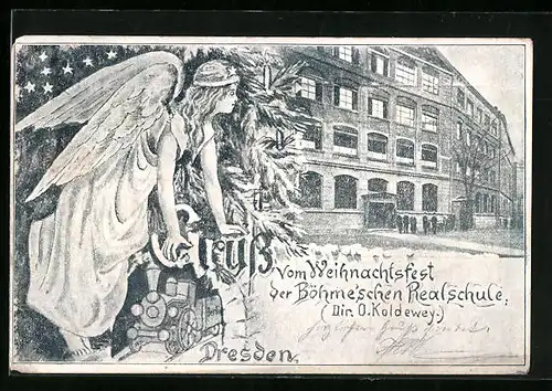 AK Dresden, Weihnachtsfest der Böhme`schen Realschule, Weihnachtsengel am Tunnel mit Eisenbahn u. Weihnachtsbaum