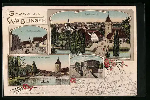 Künstler-AK Waiblingen, Neuer Bahnhof, Rathausplatz, Partie an der Rems