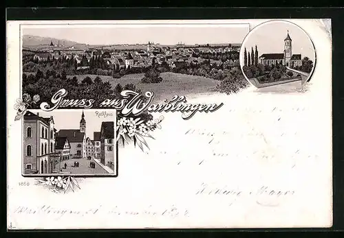Lithographie Waiblingen, Teilansicht, Rathaus, Kirche