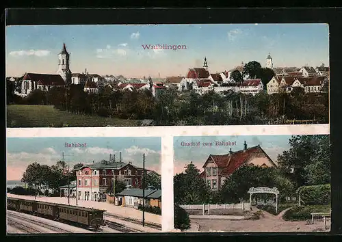 AK Waiblingen, Gasthof zum Bahnhof, Bahnhof, Teilansicht