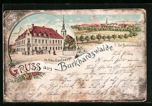Lithographie Burkhardswalde, Gasthof zum Erbgericht, Ortspartie