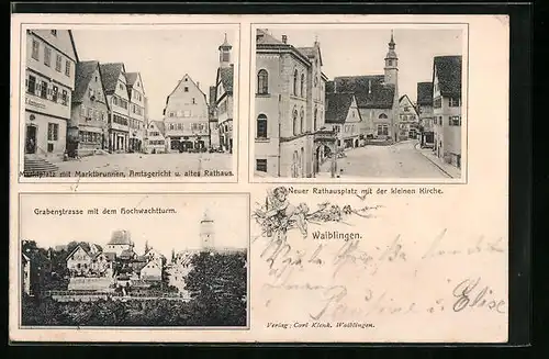 AK Waiblingen, Marktplatz mit Marktbrunnen, Amtsgeriche u. altem Rathaus, Neuer Rathausplatz mit der kleinen Kirche