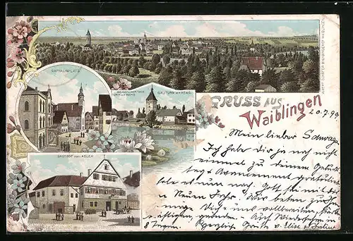 Lithographie Waiblingen, Gasthof zum Adler, Sauturm und Beinsteiner Tor mit Rems, Rathausplatz